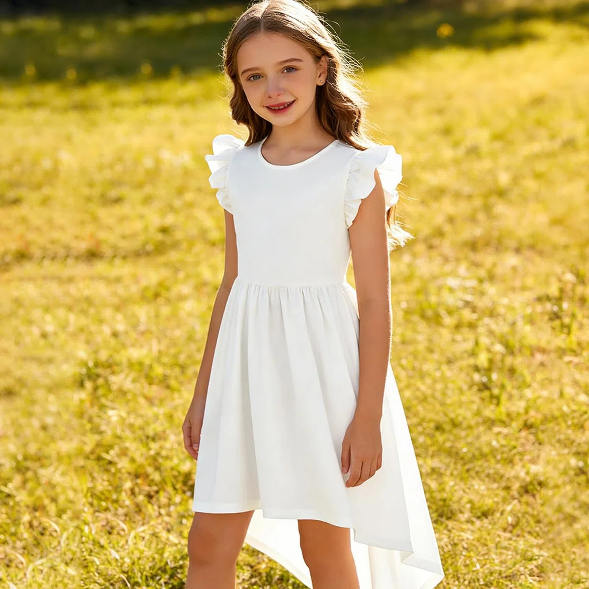 Vestito Bambina Elegante Orlo Asimmetrico Vestiti Ragazza Abito Bambine Estivi Trapezio Abiti Ragazze con Tasche 7-13 Anni