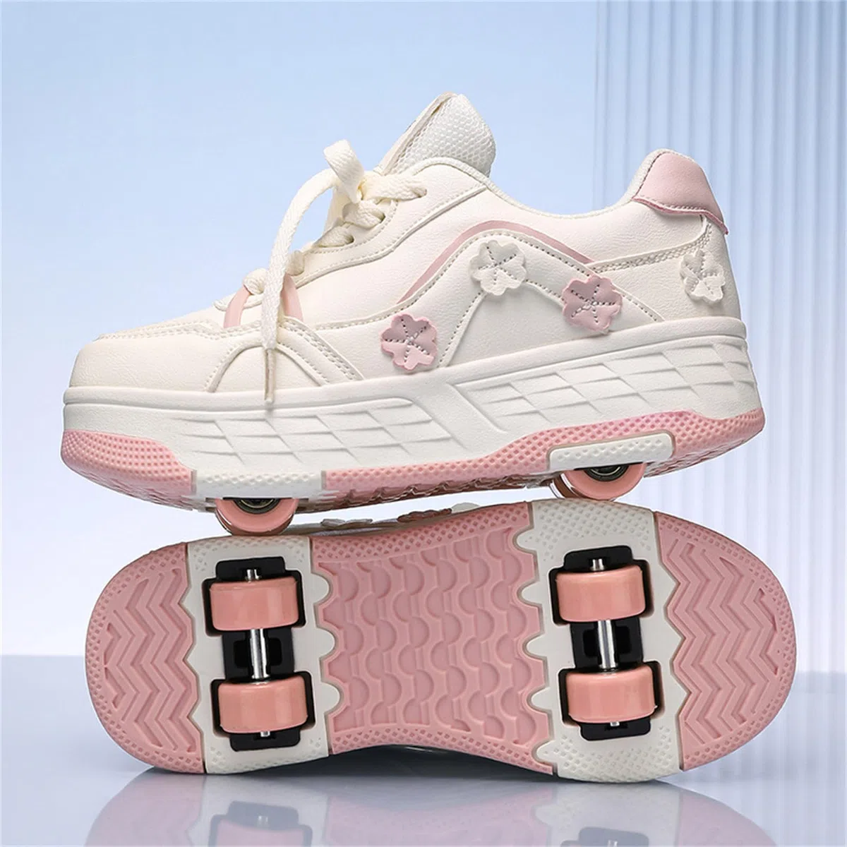 Mateju Scarpe con Rotelle Bambina Ragazza Sportive Scarpe da Skateboard, Margherite 4 Rotelle Rimovibile Skateboard Ginnastica da Pattini Sneakers per Bambino, 30-40 EU