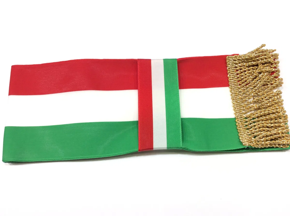 Fascia Tricolore Italiana per Cerimonie, 225 cm x 10 cm, con Frange Dorate, Nastro di Alta Qualità, Verde Bianco e Rosso
