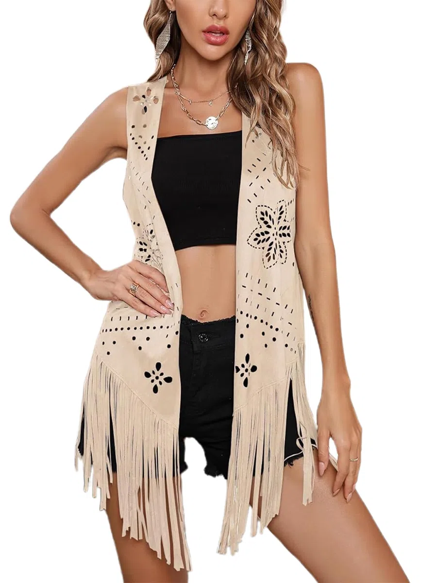 Gilet da donna con nappa, stile hippie, stile hippie, senza maniche, con frange, aperto sul davanti, in finta pelle scamosciata, stile western, hippie, cardigan lungo