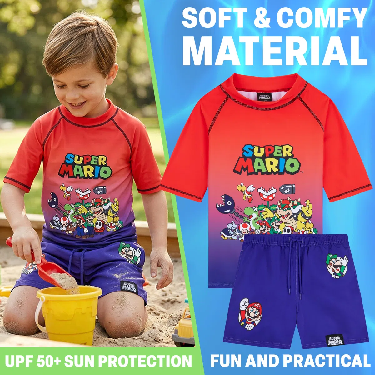 Get Trend Super Mario - Costume da bagno per ragazzi, 2 pezzi, a maniche corte, rash guard e costume da bagno, UPF 50+, accessori per piscina e spiaggia