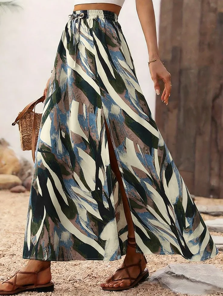 ABINGOO Gonna Lunga Donna Estiva A Linea Elastico Vita Alta con Spacco Boho Stampa Floreale Swing Casual Spiaggia Vacanze Maxi Gonna