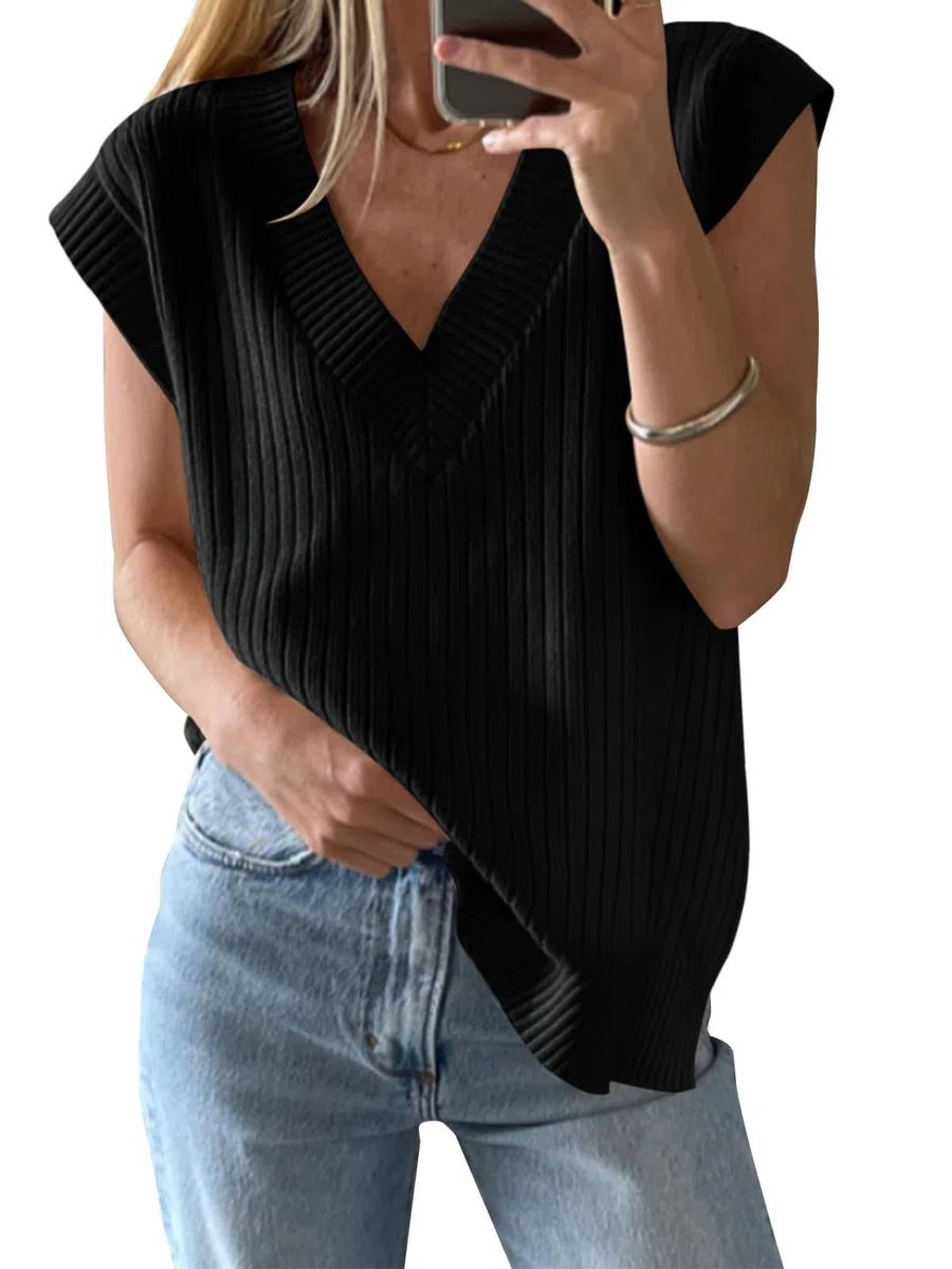 Saodimallsu Maglione da donna con scollo a V, oversize, senza maniche, leggero, estivo, elegante