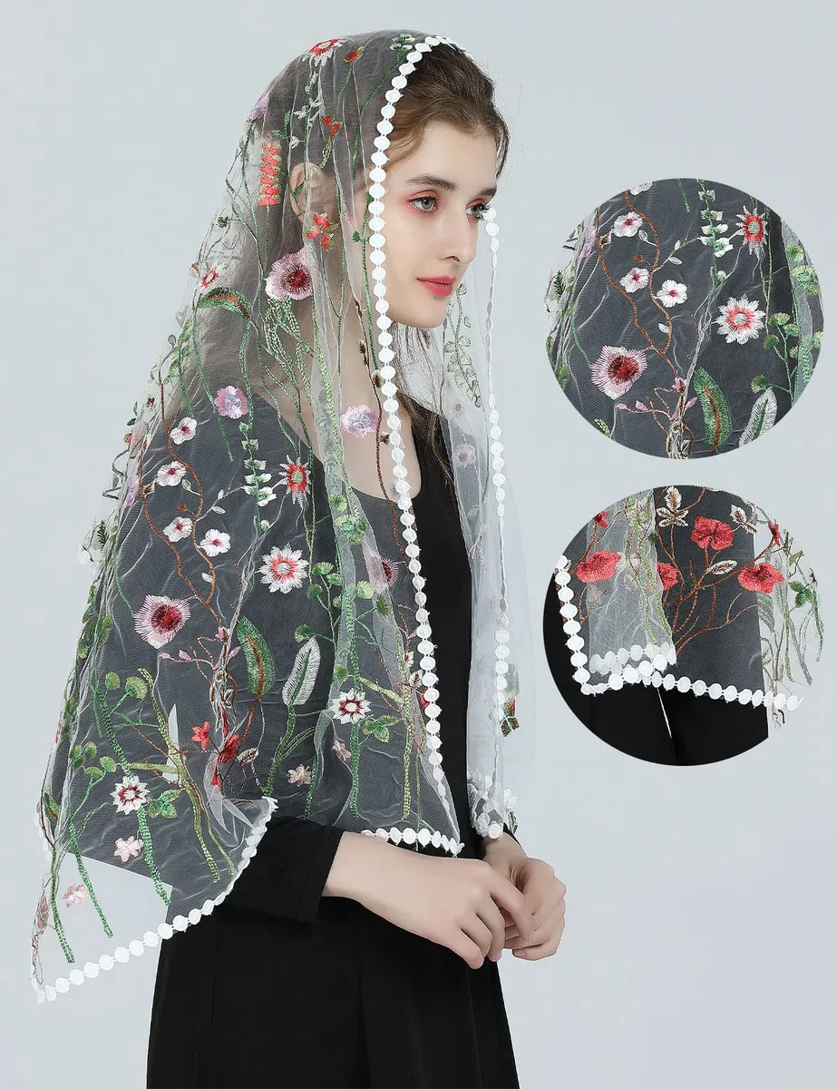 BEAUTELICATE Velo Ricami Pizzo Chiesa Mantilla Sciarpa Scialle Donna per Messa Cattolica Matrimonio Sposa Cerimonia Champagne Nero Bianco