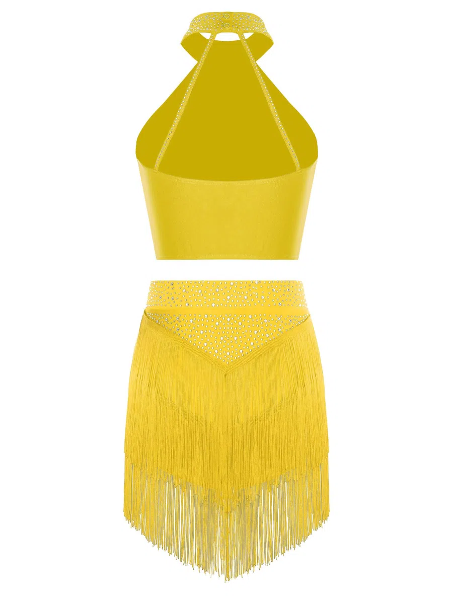 Freebily Abito da Ballo Latino Americano Donna con Frange Nappe Vestito da Danza Salsa Latina Moderna Abito da Pattinaggio Artistico con Strass Costume Danza del Ventre