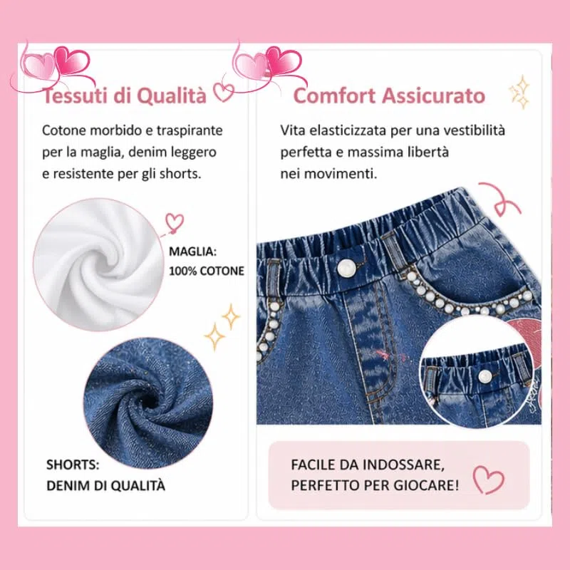 OrJana Completo Bambina 2 Pezzi con Unicorno, Maglietta con Volant e Jeans, Tema Unicorno e Arcobaleno