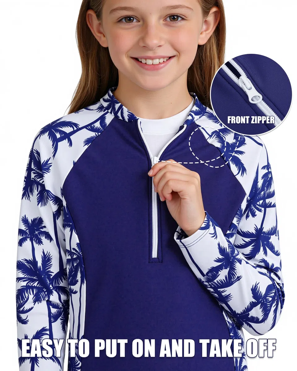 Costume Piscina Bambina Due Pezzi a Maniche Lunghe Anti-UV Set Rash Guard Piscina con Coppette Rimovibili per Ragazze