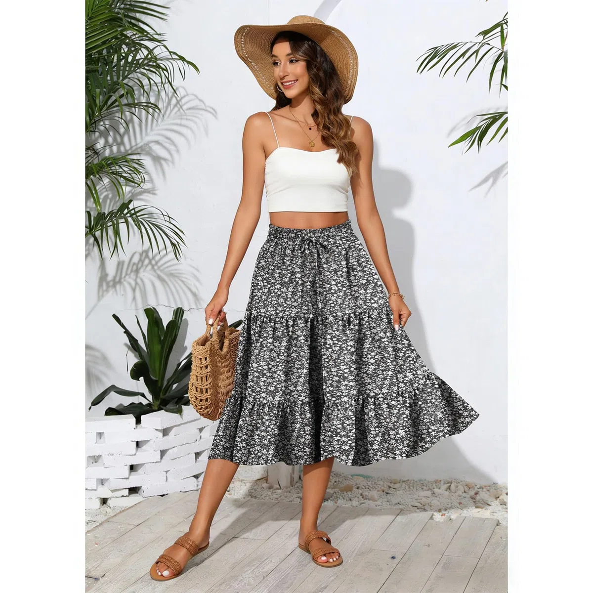 Gonna Midi Elegante a Fiori da Donna Gonne Estive a Vita Alta con Linea ad A Gonna da Spiaggia Gonne Casual in Tinta Unita