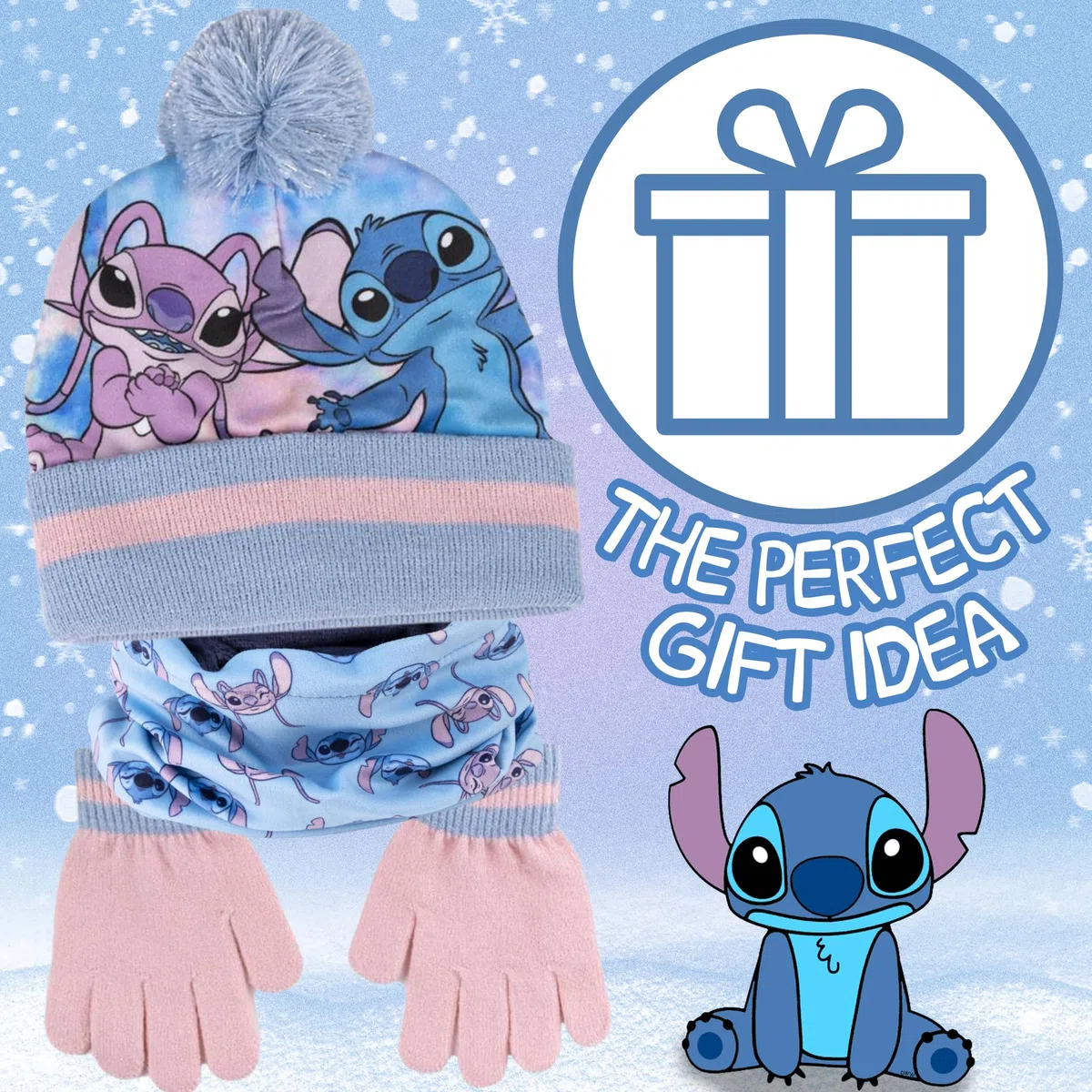Disney Stitch & Angel Bobble Hat + Snood Sciarpa + Guanti Set Ragazze 3 Pezzi Inverno Set Regalo