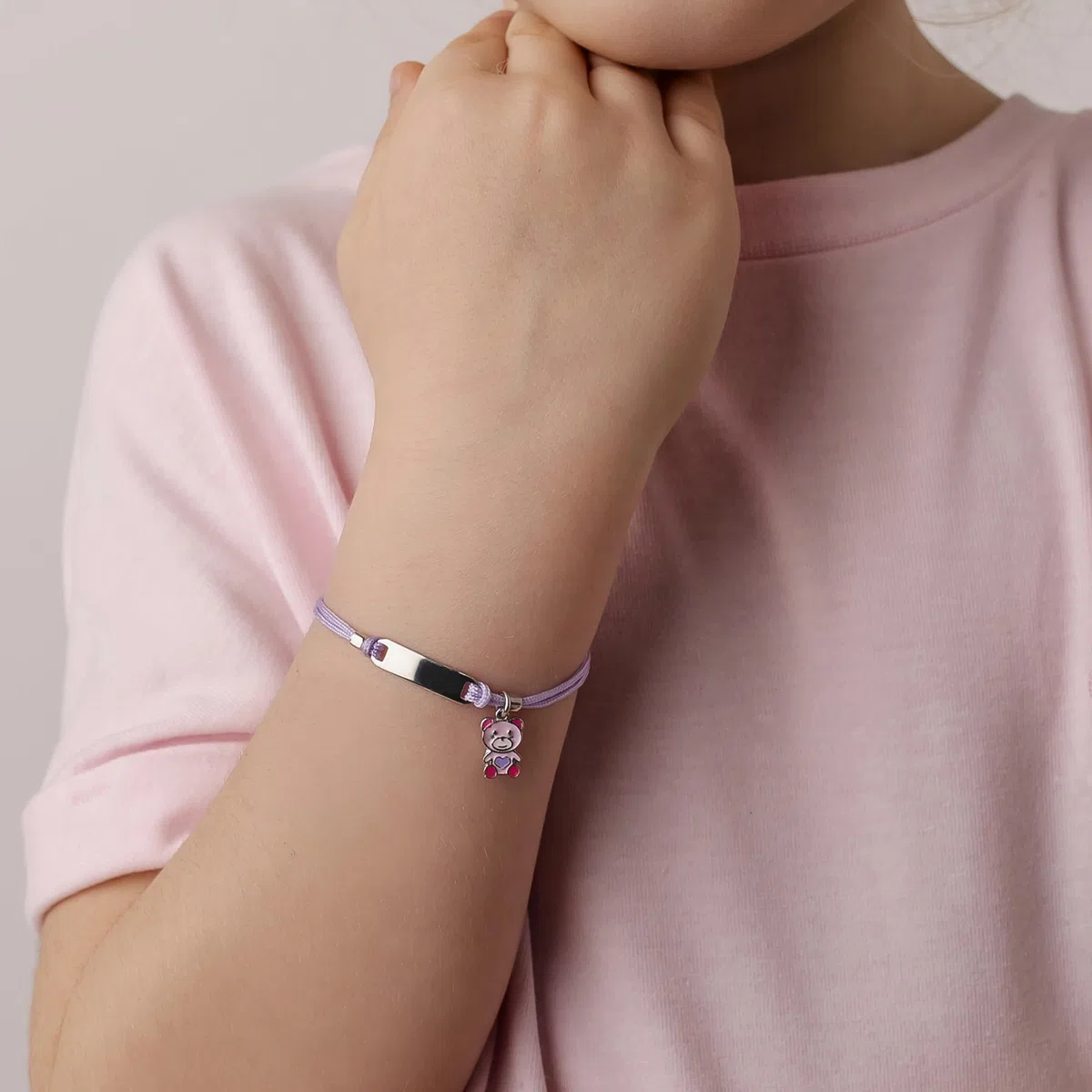 Bracciale Argento 925 Bambina Cordoncino Lilla con Orsetto e Piastrina Incidibile Kids Collection + Regalo Personalizzato - Braccialetto per Nascita Comunione Battesimo Compleanno Ragazzine Bambine