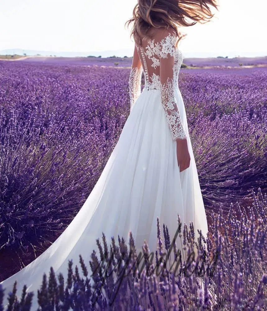 Onsoyours Abiti da Sposa Donna Elegante Senza Maniche Scollo a V Nuzial Abito con Spacco Pizzo Lungo Vestito