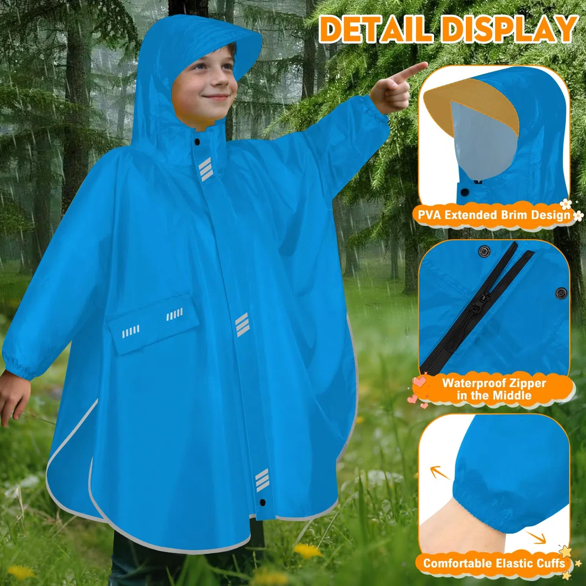 Poncho Antipioggia Bambino Leggero Mantella Antipioggia Impermeabile Con Cappello Tesa Strisce Riflettenti Unisex Poncho Antipioggia Riutilizzabile Giacche Pioggia con Tasca Ragazze Ragazzi