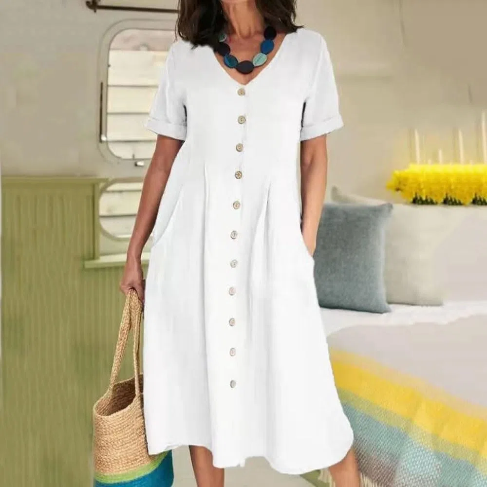 Abito da Donna in Cotone e Lino con Bottoni, Maxi Abito Casual con Scollo a V e Maniche Corte, Tinta Unita, Leggero, Ampio, con Tasca