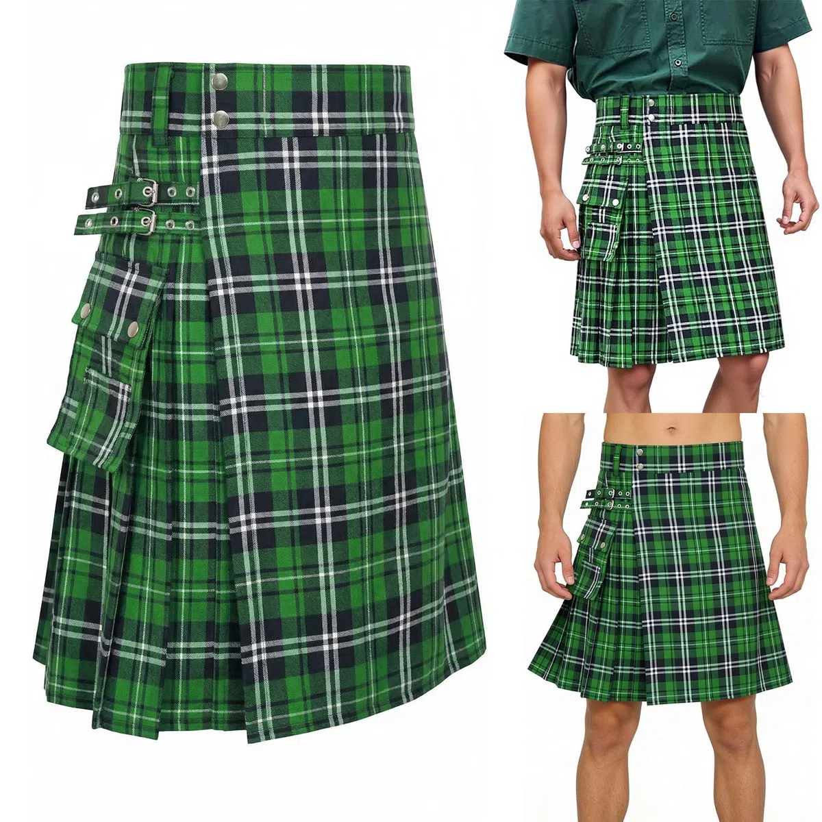 Kilt in Tartan per Uomo Kilt in Tartan con Cinghie e Ampie Tasche Cargo,Set da Scozzese per Uomo, Plaid,Minigonna, Scozia, San Patrizio, Costume,Carnevale, Festa in Maschera,Regalo per Coppia Casual