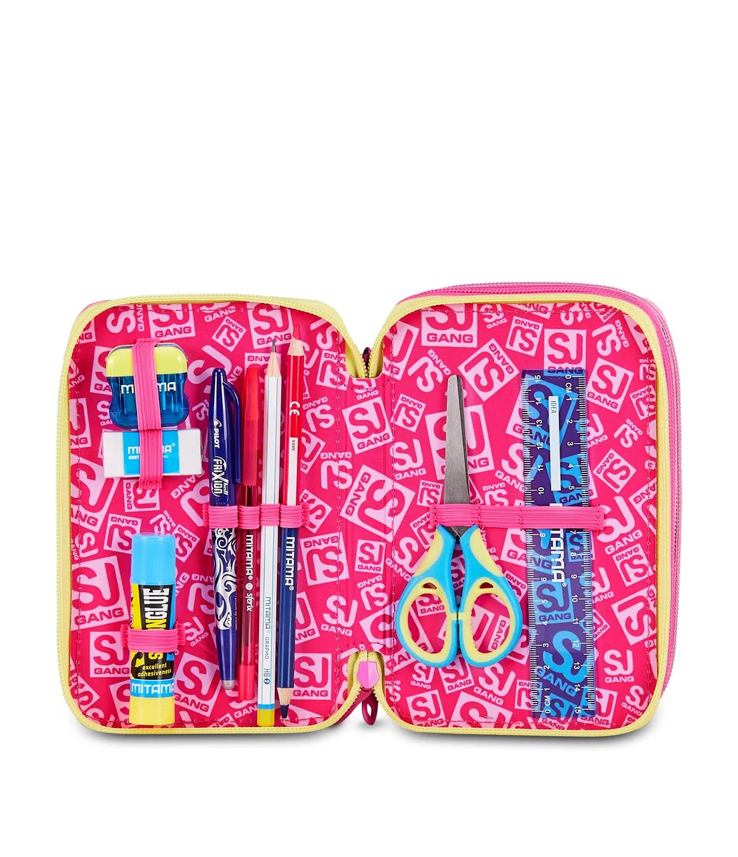 SJ GANG STYLE JAM GANG Astuccio Scuola 3 zip JOYFUL PINS GIRL, Rosa, Triplo Scomparto, 45 pezzi, Portapenne Attrezzato, Completo di matite, penne e colori, Accessori Zaino, Scuola elementare, Bambina
