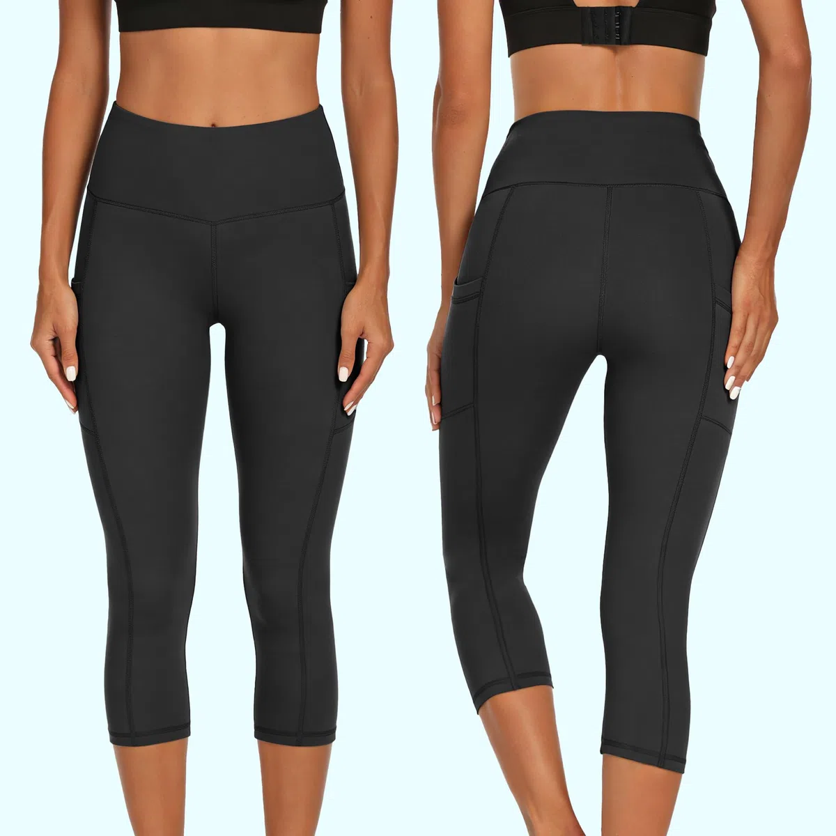 HIPOWER Confezione da 3 leggings da donna con tasche, Capri sportivi a 3/4, da donna, 7/8, a vita alta, yoga, estivi, per fitness e palestra