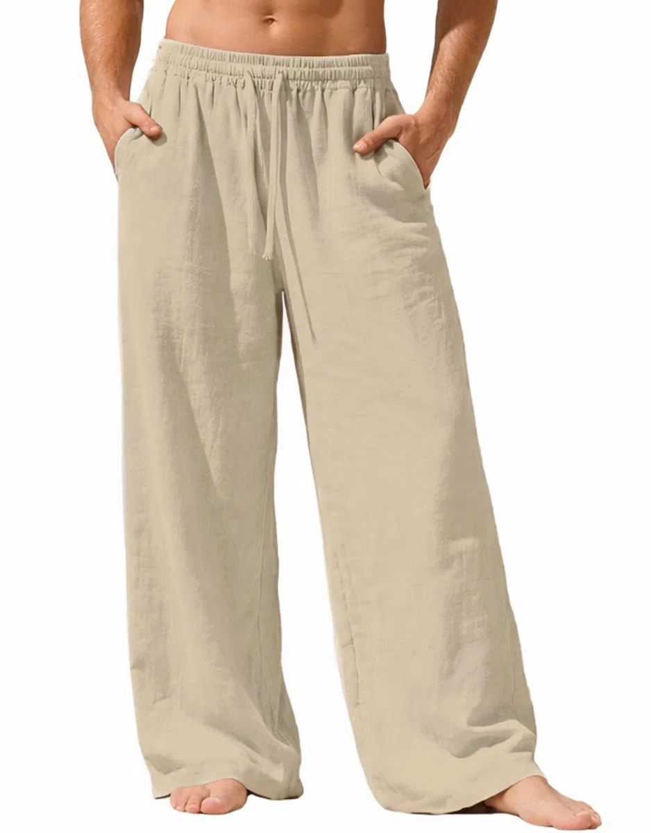 Nuofengkudu Pantaloni Cotone Lino Uomo Estivi Larghi Leggeri Traspirante 3 Tasche Elastico in Vita Coulisse Comodi Gamba Larga Yoga Pantalone Vacanza Casual Casa Spiaggia