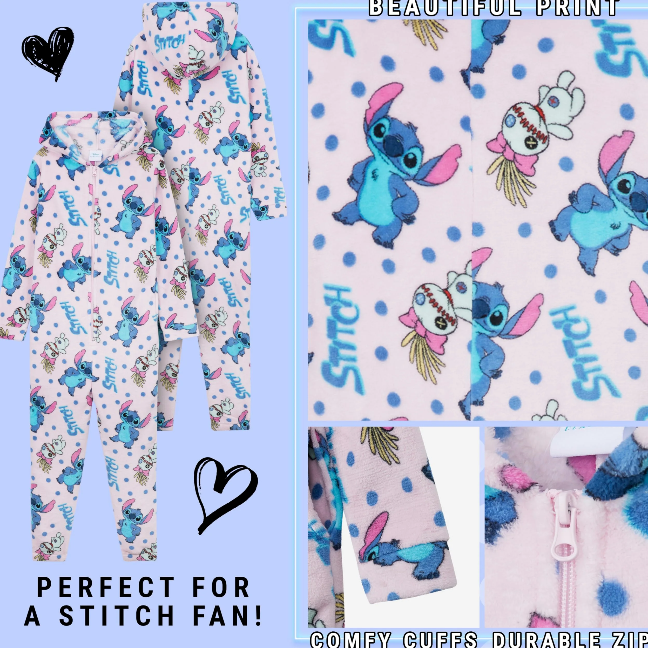 Disney Stitch Pile Pigiami Interi con Cappuccio Bambina, Accogliente Pigiama Set