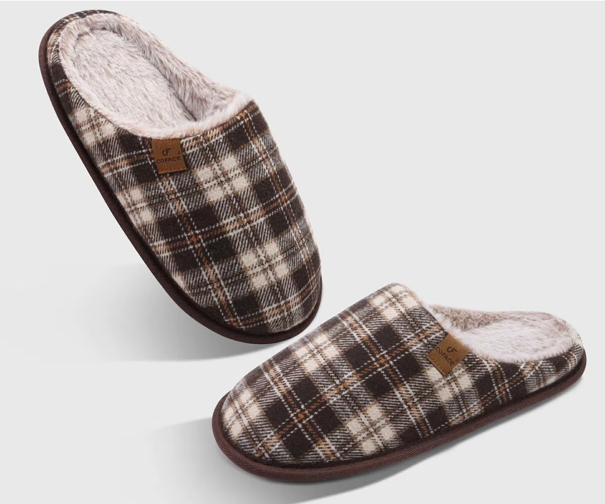 COFACE Pantofole da Uomo Invernali Plaid, Comoda Memory Foam Calde Scarpe da Casa in Lana con Suola Antiscivolo 40-49