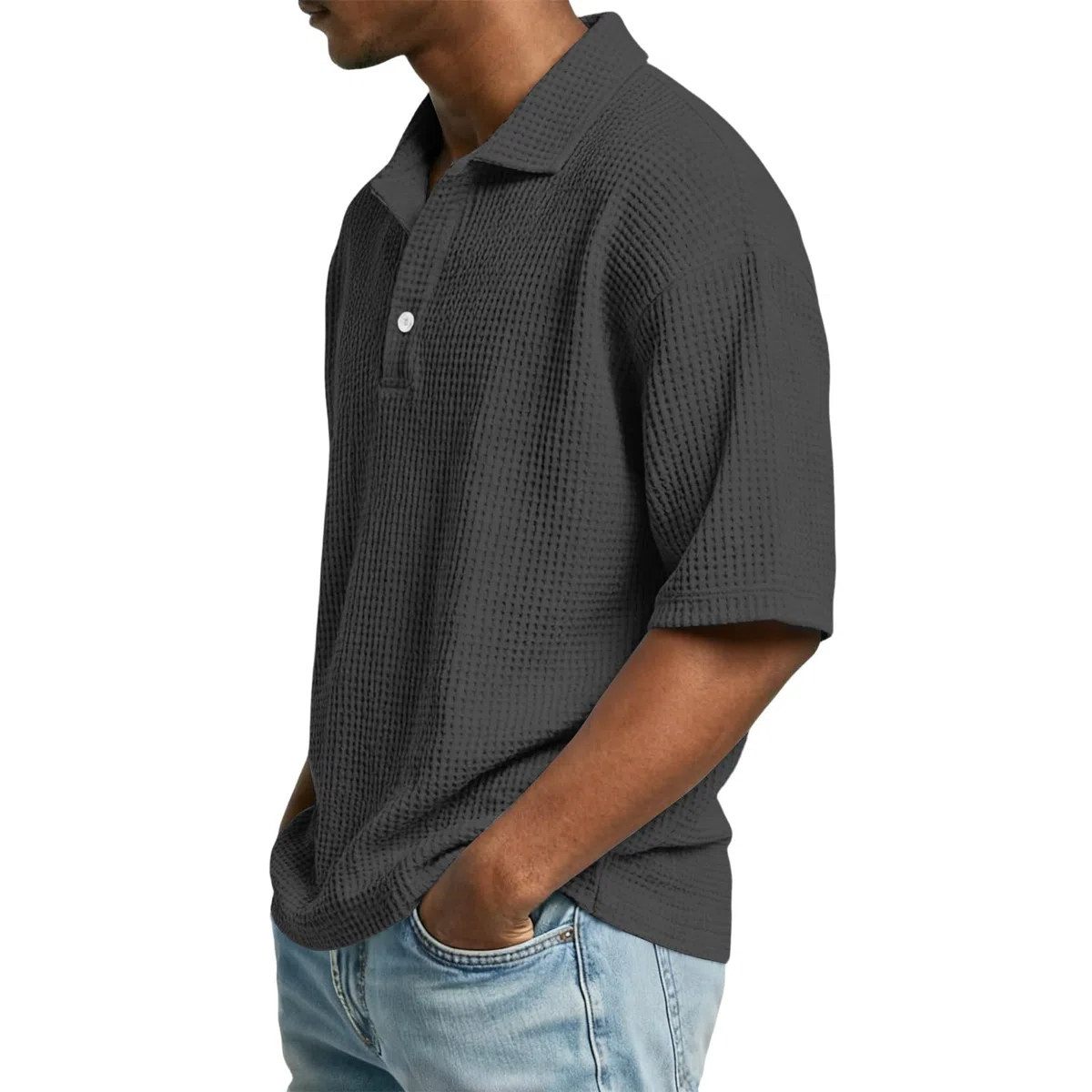 T-shirt da uomo, a maniche corte, estiva, con bottoni, casual, struttura a nido d'ape, maglietta basic larga, da uomo, leggera, vestibilità regolare
