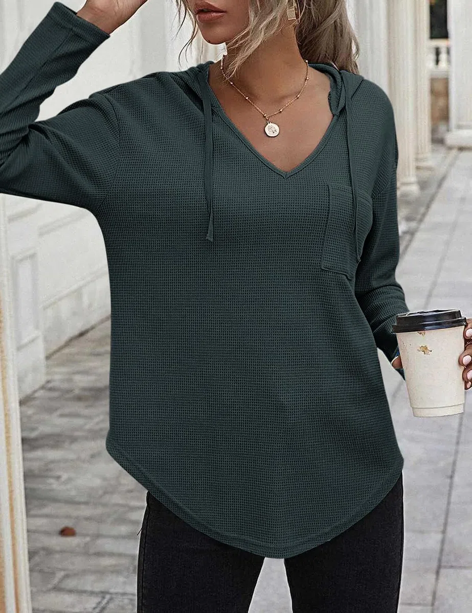 Cuptacc Felpa Donna con Cappuccio 2024 Maglione Scollo A V Autunno Maglia Manica Lunga Camicia Elegante