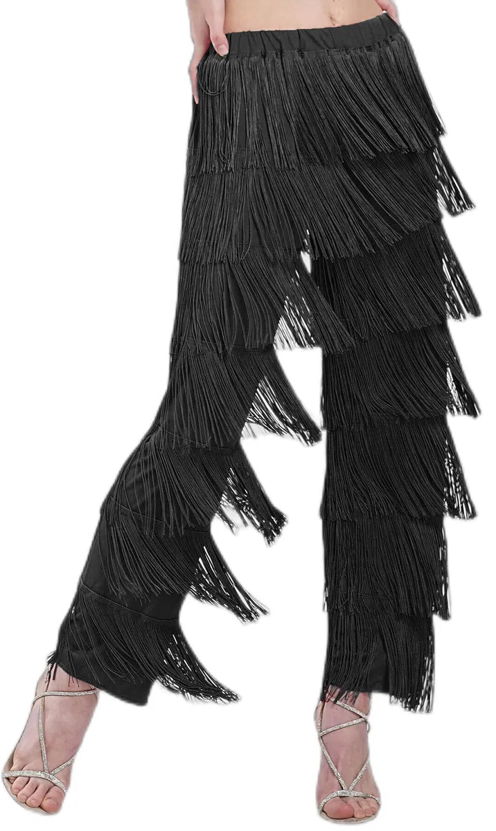 ZBH1985 Donna 7 Tier nappa Latino Dance Pant Ballroom Dance Professionale Nero Adulto Fringe Pratica Pantaloni