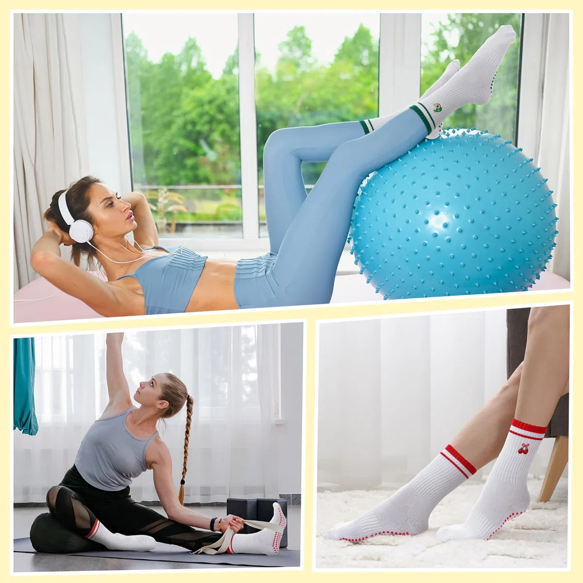 Boyiee 4 Paia Calzini 3/4 da Pilates per Donna, Antiscivolo, Motivi di Frutta Ricamati, in Cotone, per Sport, Fitness, Corsa