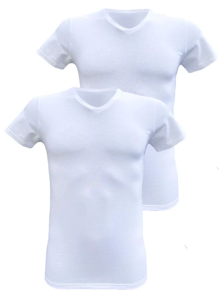 Armata di mare Maglie Uomo Cotone Elasticizzato Scollo a V Manica Corta 2 PZ. (5/L, Bianco)