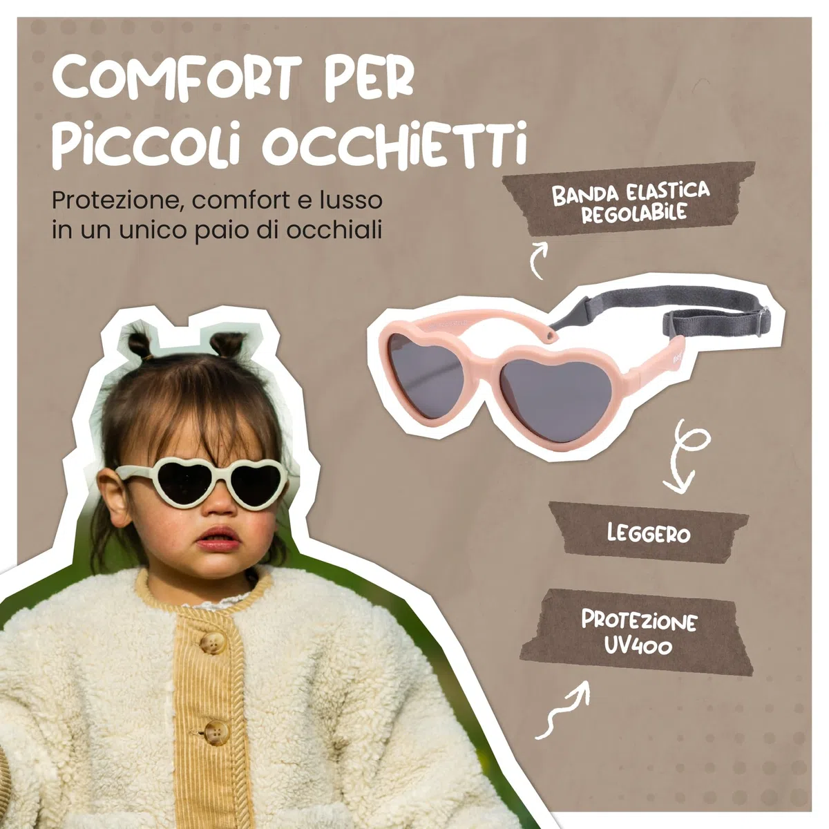 Occhiali da Sole per Bambina, 0-2 Anni, Protezione Polarizzata UV400, Montatura Flessibile e Pieghevole, Cinturino Elastico Regolabile, Occhiali da Sole Sicuri e Comodi per Bambino, Maes