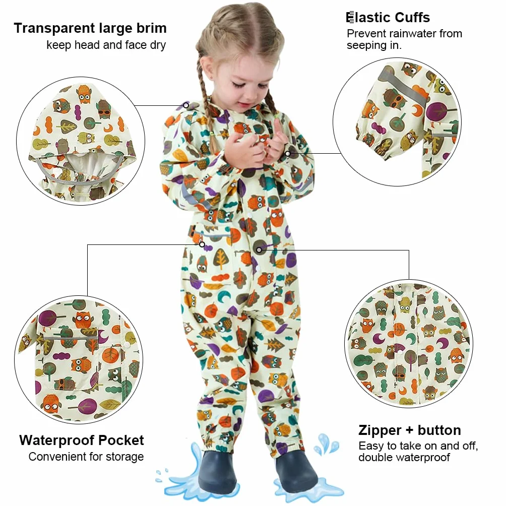 Ragazzi Ragazze Impermeabile Bambini Tuta da Pioggia Leggero Tutto in Uno Giacche Stampe Cartone Tutina Giacca da Pioggia Poncho Portatile 1-10 Anni