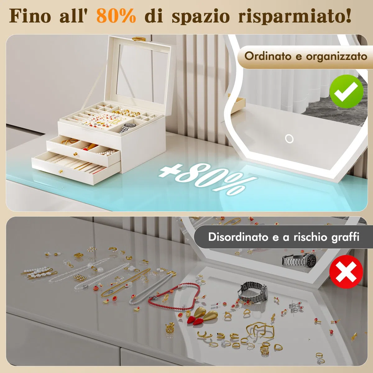 Grande Scatola Portagioie Donna 3 Livelli – Organizer Gioielli Elegante con 24 Scomparti – Custodia per Anelli, Collane e Bracciali con Coperchio Trasparente – Regalo Perfetto per Donna (Bianco)