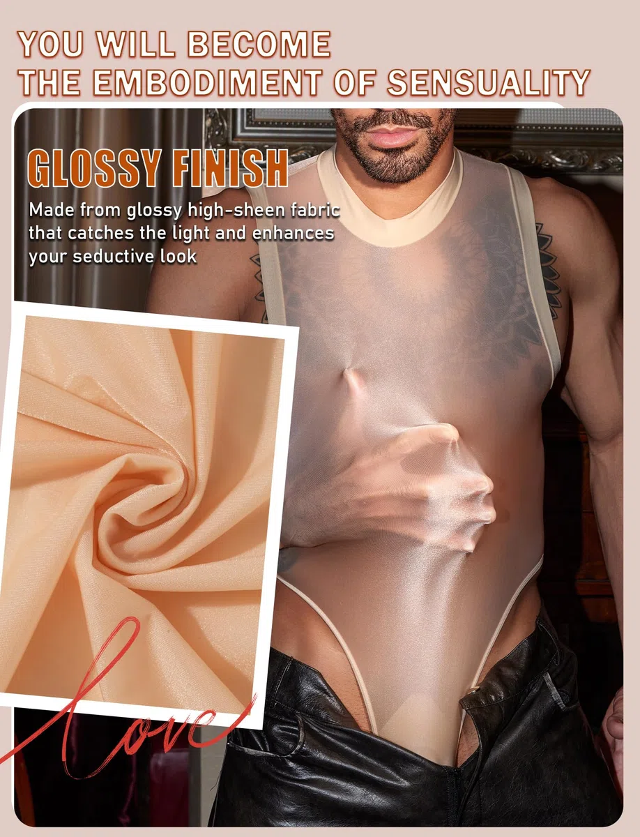 Body da uomo senza maniche, taglio alto, lucido, super elastico, muscoli, pezzo unico