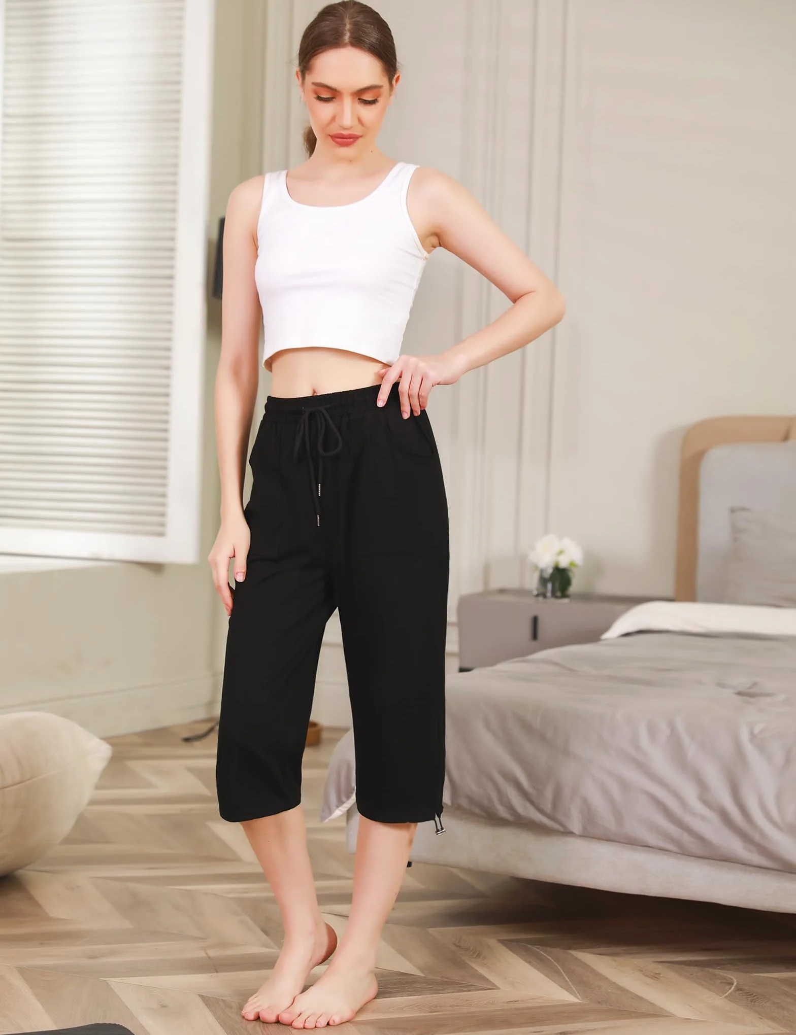 Totatuit Pantaloni Capri Donna Estivi Sportivi 3/4 Cotone Regolabile con Tasca Pinocchietto Cropped Jogging Yoga Pinocchietti