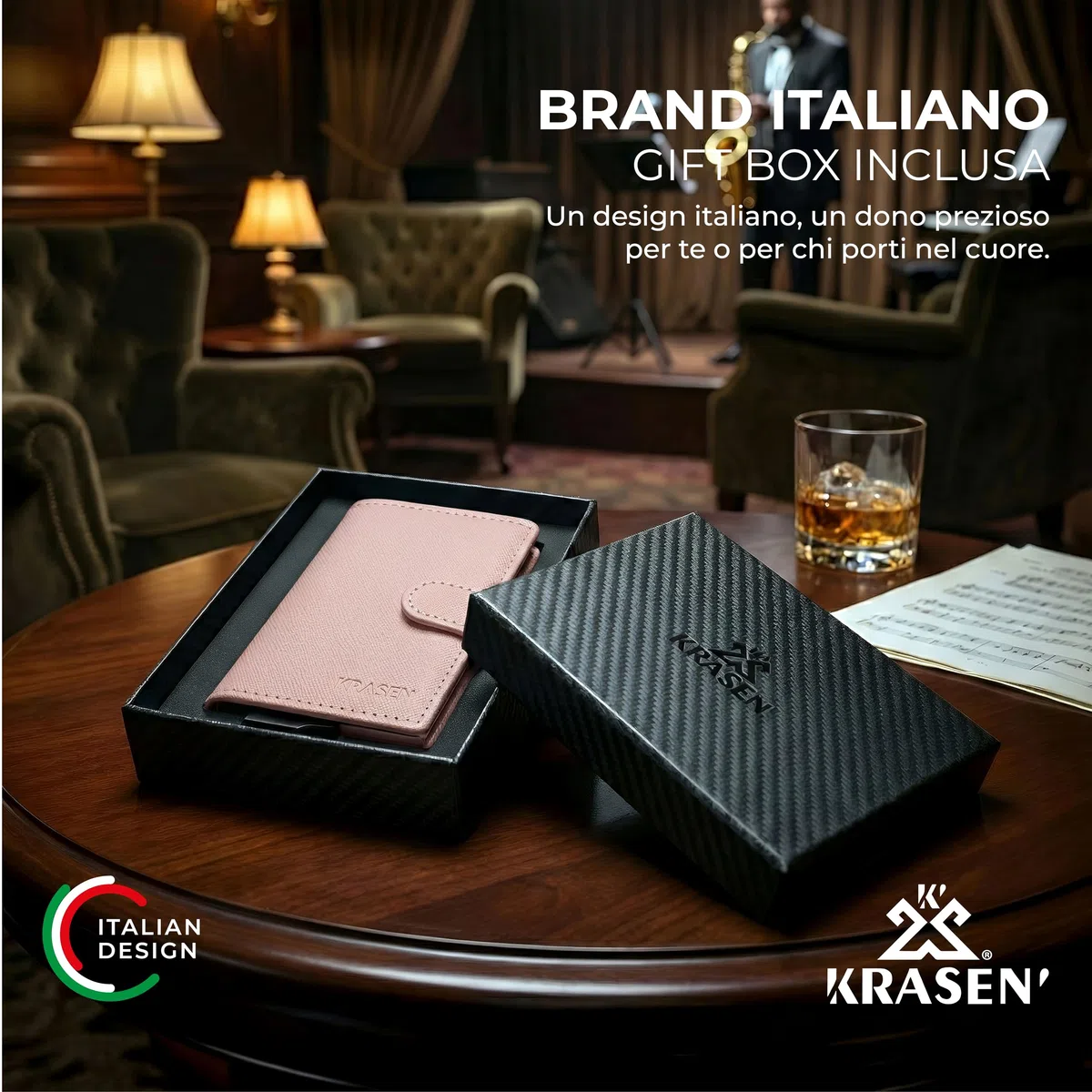 KRASEN' - Portafoglio e Porta Carte Saffiano Rosa con Sistema Anti-Clonazione, Scatoletta in Alluminio Assemblata a Mano, Bottone e Cerniera Porta Monete