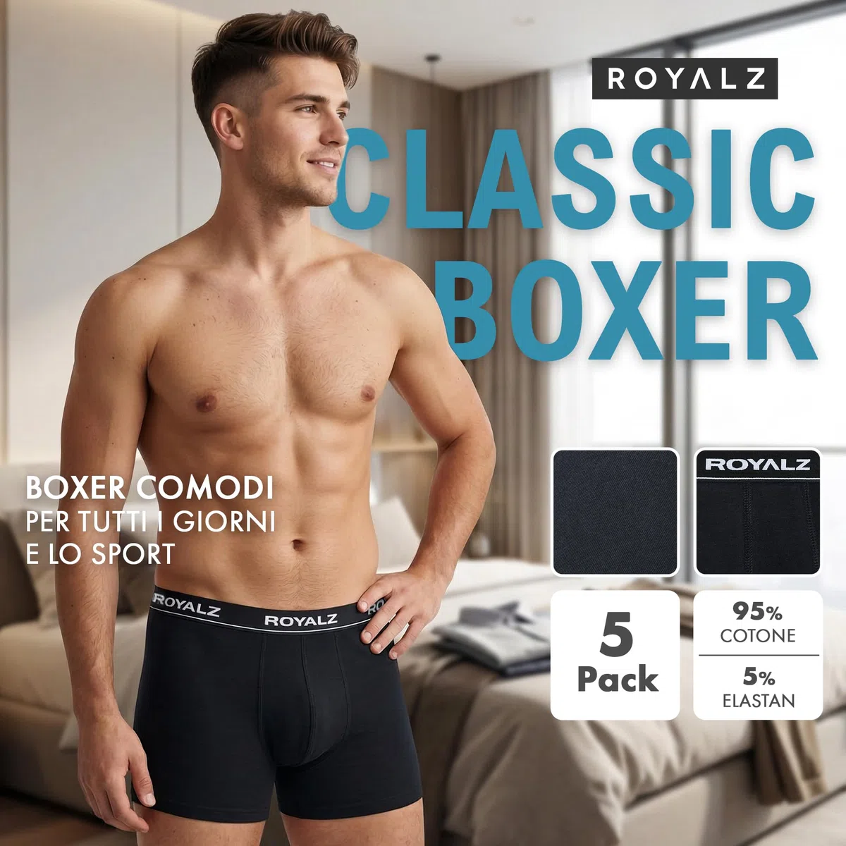 ROYALZ Boxer Uomo Classico Pacco da 5 Intimo Mutande Slip Elasticizzato 5 Pack(95% Cotone / 5% Elastan)