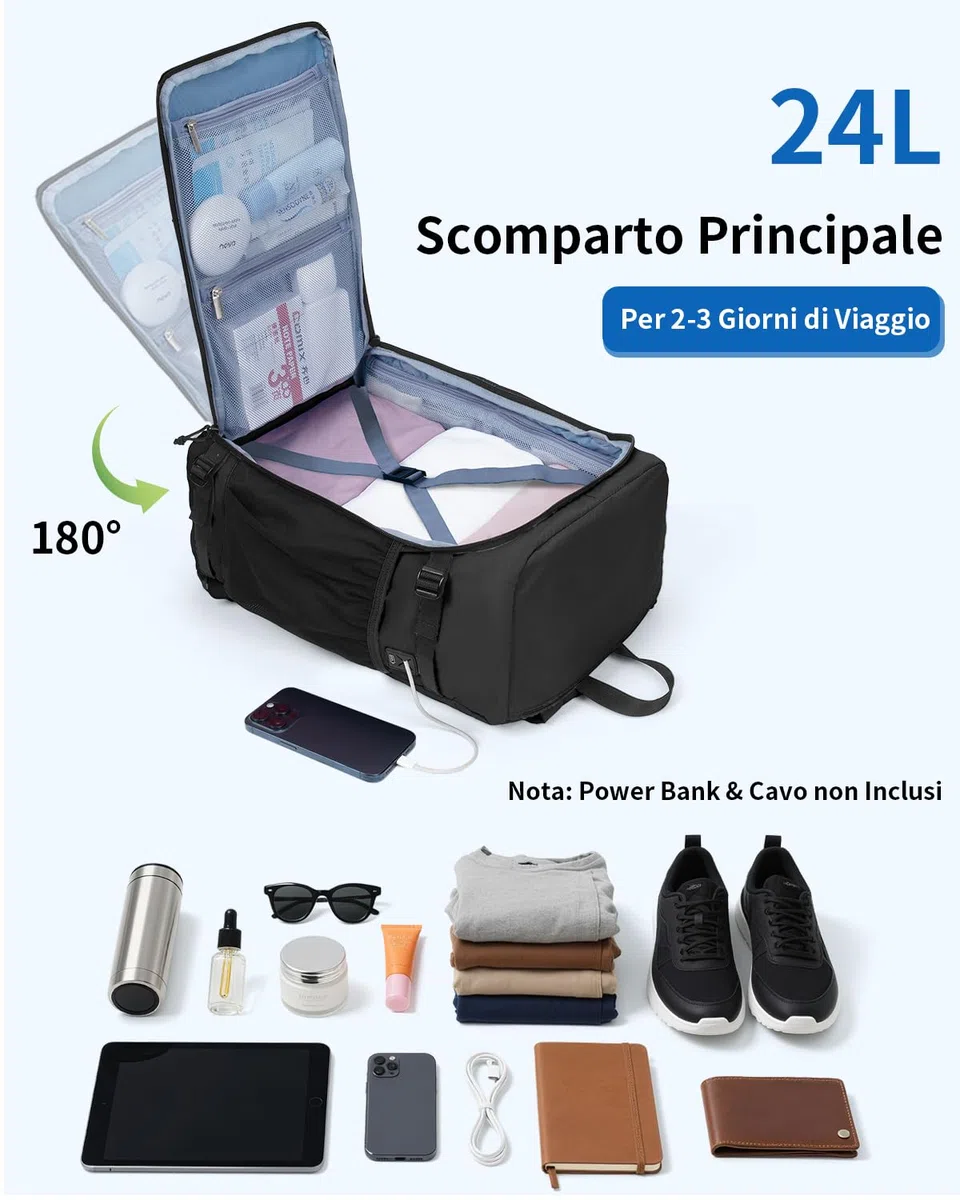 ECOHUB Zaino Ryanair 40x30x20 cm Leggero e 2 in 1, Zaino da Viaggio Pieghevole Sotto il Sedile, Bagaglio a Mano con Tasca Antifurto, Borsa da Cabina in Tessuto Riciclato per Uomo e Donna, Nero
