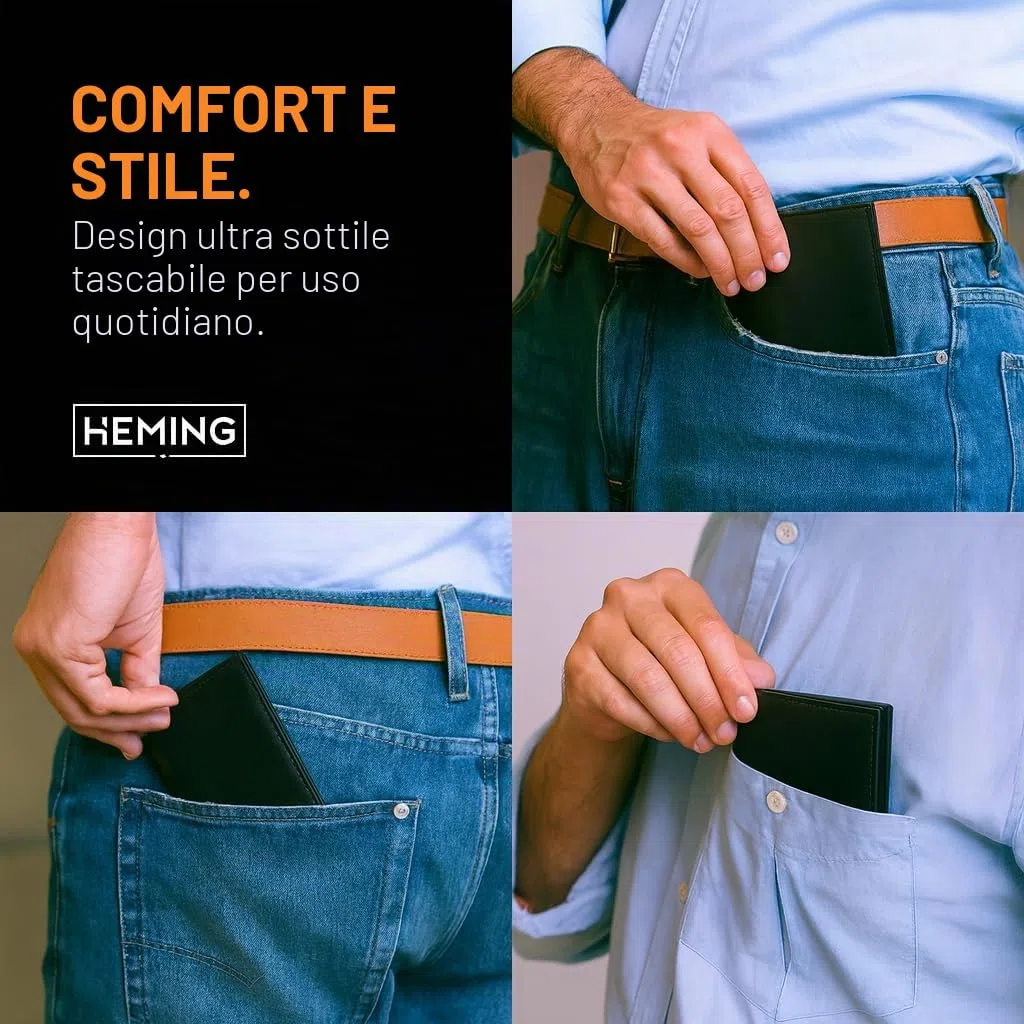 HEMING Portafoglio uomo slim nero - 100% pelle - piccolo sottile - Porta soldi e carte di credito - Portacarte - compatto