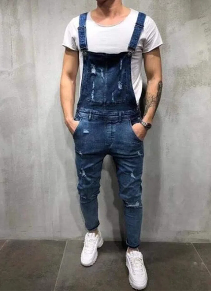 FANSU Salopette da Uomo con Jeans, Tuta di Jeans Strappati Moda Lavaggio Rotto Tasca Pantaloni Reggicalze Pantaloni Casual da Elasticizzato