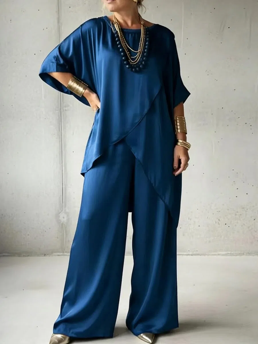 shownicer Completo Donna Elegante Raso Tuta Estivo 2 Pezzi Set Maniche Corte Top E Pantaloni Curvy Completo Due Pezzi Set Completi Tute