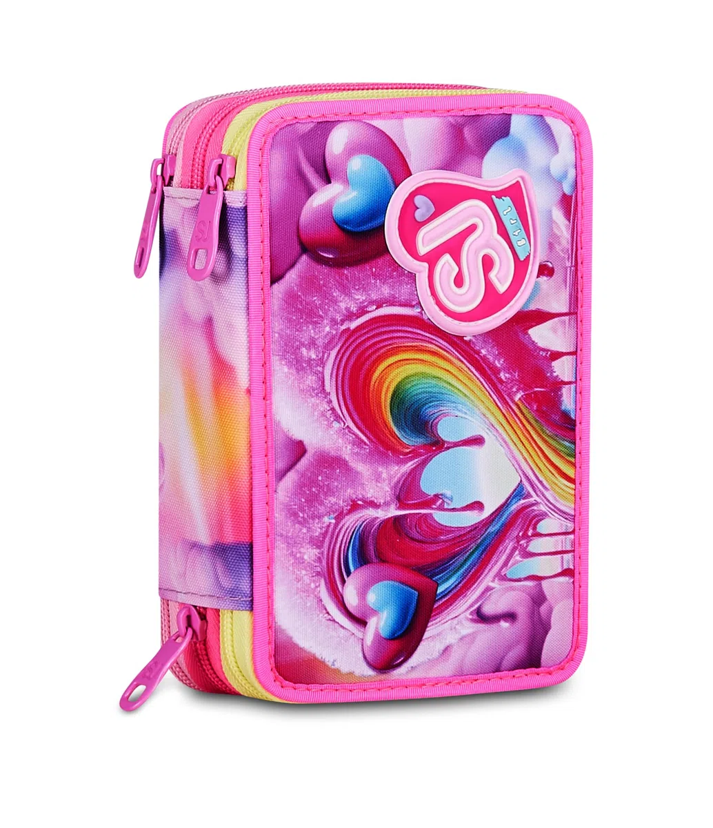 SJ GANG STYLE JAM GANG Astuccio Scuola 3 zip JOYFUL PINS GIRL, Rosa, Triplo Scomparto, 45 pezzi, Portapenne Attrezzato, Completo di matite, penne e colori, Accessori Zaino, Scuola elementare, Bambina