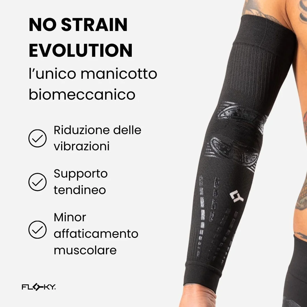 FLOKY 1pz Manicotto No Strain Evolution Multisport. Tennis Padel Basket. Riduce Vibrazioni, sostiene Gomito e avambraccio. Manicotto a Compressione, stabilizza tendini Muscoli
