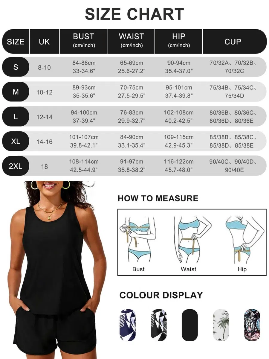 Yutdeng Tankini Donna Mare Costume da Bagno Due Pezzi Modest Tankini Set Canotta Top Bikini Push Up e Pantaloncini da Bagno con Tasche Costumi da Bagno Sportivi Swimwear da Spiaggia