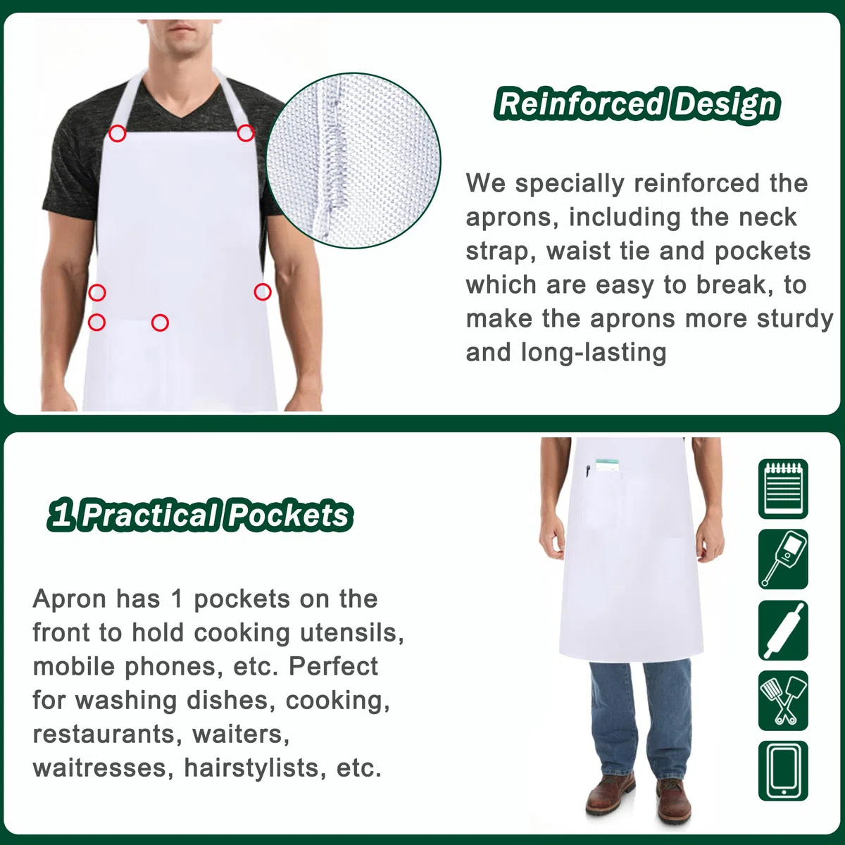 5 Pezzi Bianco Nero Grembiuli, Cuoco Grembiuli per Uomo e Donna, Cucina Grembiuli da Lavoro, Professionali Grembiuli