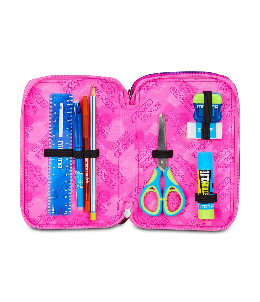 Seven Astuccio Scuola Elementare, 3 scomparti, Medie, con Matite, Pennarelli, Penne, 3 Zip, Lovely Elements, Bambina e Ragazza, rosa/viola