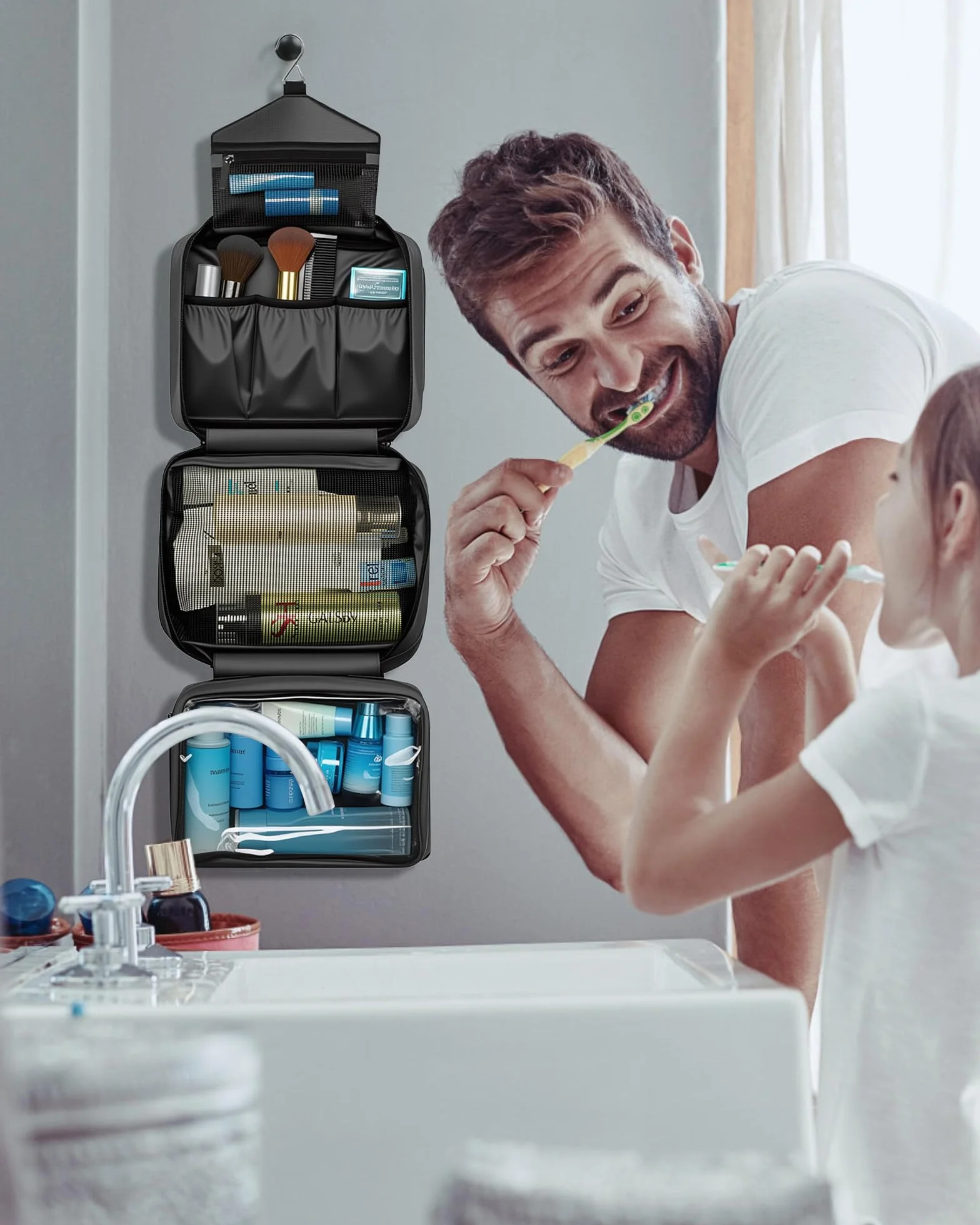 Beauty Case da Viaggio, Borsa da Toilette per Donna Uomo Beauty Case Grande Impermeabile, Gancio in Metallo per Appendere, idee regalo natale 2025 (Nero)