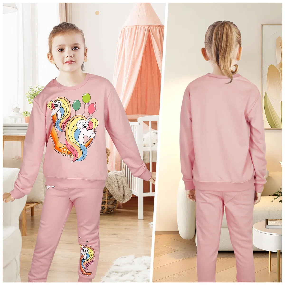 Tuta Bambina Ragazza Sportiva Felpa e Pantaloni Completa Caldo Cotone Tute da Ginnastica Manica Lunga Jogging Set Stampa Senza Cappuccio Abbigliamento Sportivo Ragazze 2-7 Anni, Rosa