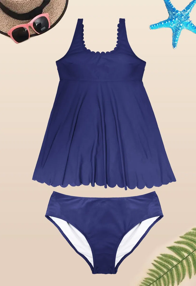 Rayson Tankini Donna Mare con Bordo Smerlato Costume Due Pezzi Push Up Costumi da Bagno Tankini Curvy Imbottito Reggiseno Tankini e Slip da Bagno Tummy Control