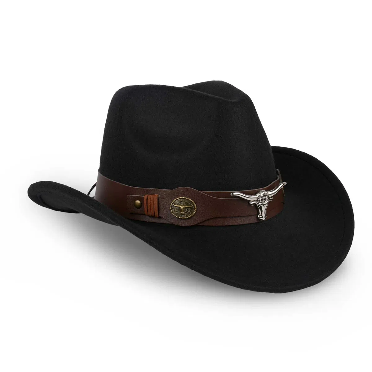 Cappello da cowboy Western Style da donna e uomo, in pelle con applicazione a testa di toro e cinturino regolabile (56-58 cm), cappello a tesa larga per festival, giardinaggio e feste a tema (nero