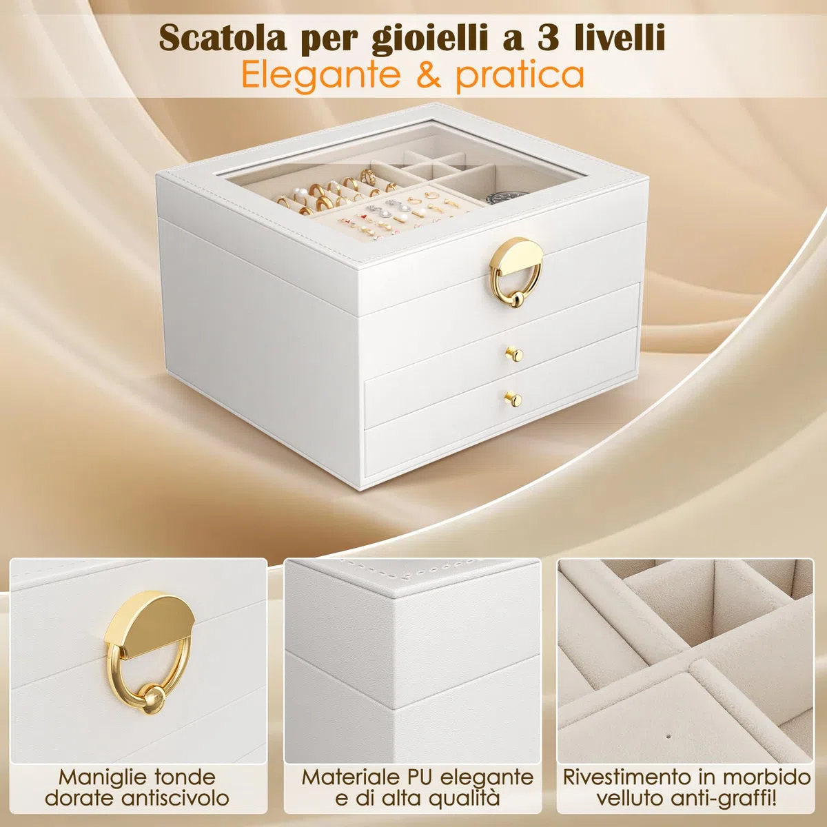 Grande Scatola Portagioie Donna 3 Livelli – Organizer Gioielli Elegante con 24 Scomparti – Custodia per Anelli, Collane e Bracciali con Coperchio Trasparente – Regalo Perfetto per Donna (Bianco)