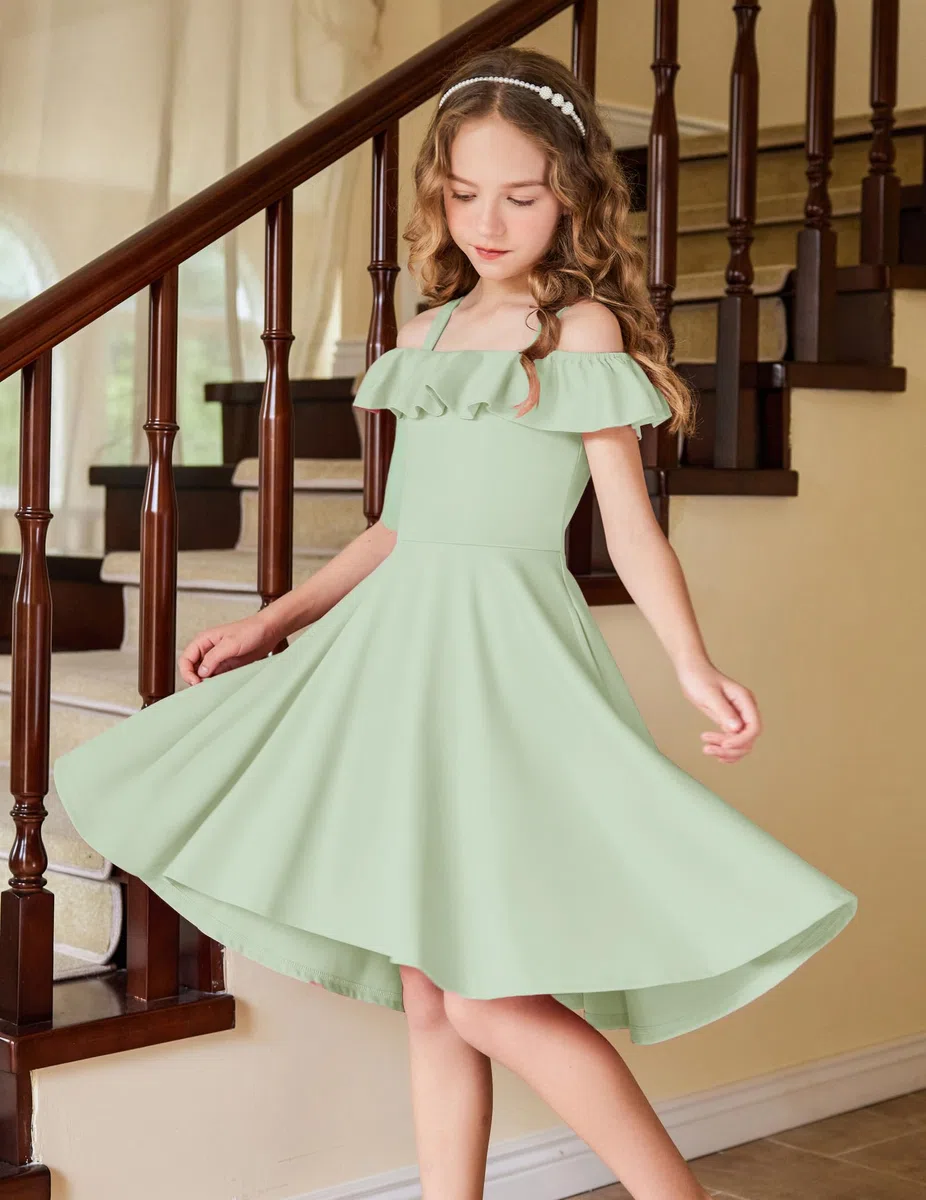 Arshiner Vestito Estivo per Ragazze Bambini Maniche con Volant Elegante con Cinghie Abiti per Bambini Linea A Abito Alto Basso Casual con Tasca 4-13 Anni